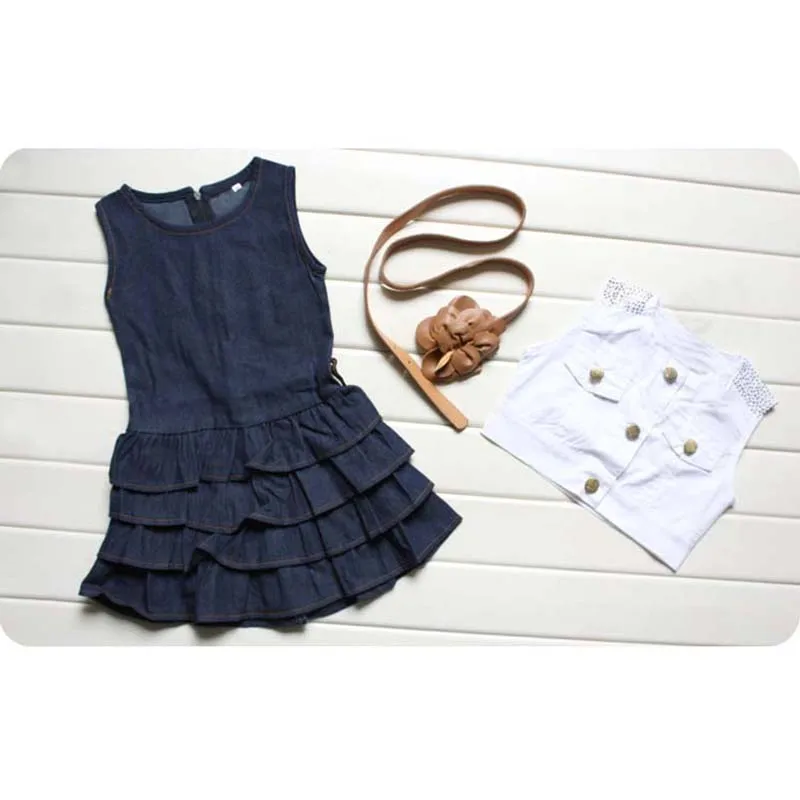 2pcs Baby girl Dress Jacket Suits belt kids Summer Denim vest dress Children Girls clothes Jeans 2-7 Y |