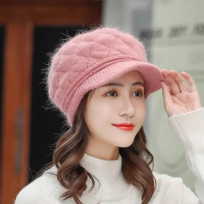 Autumn Winter Hats for Women Warm Thick Rabbit Fur Hats Women Newsboy Berets Ladies With Woolen Knitted Hat Female Caps