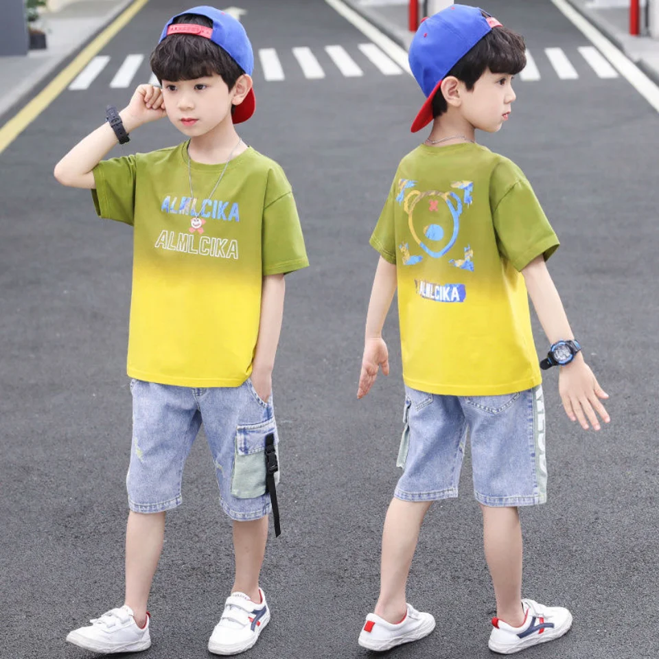 

3 Colors Summer Kids Boys Clothing Set For 4 6 8 9 10 14 Years Cartoon Short Sleeve + Denim Shorts Outfits Mid Big Children Suit