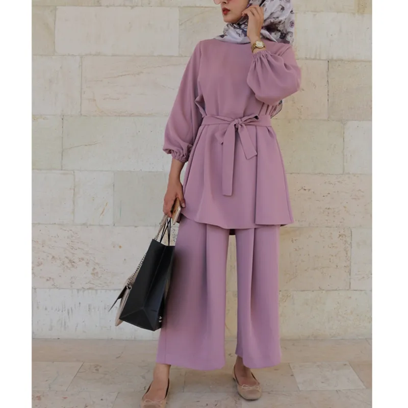 

Women Muslim Summer 2 Piece Outfits Set Long Sleeve Belted Tunic Tops Wide Leg Loose Pants Solid Color Dubai Kaftan Hijab Turkis