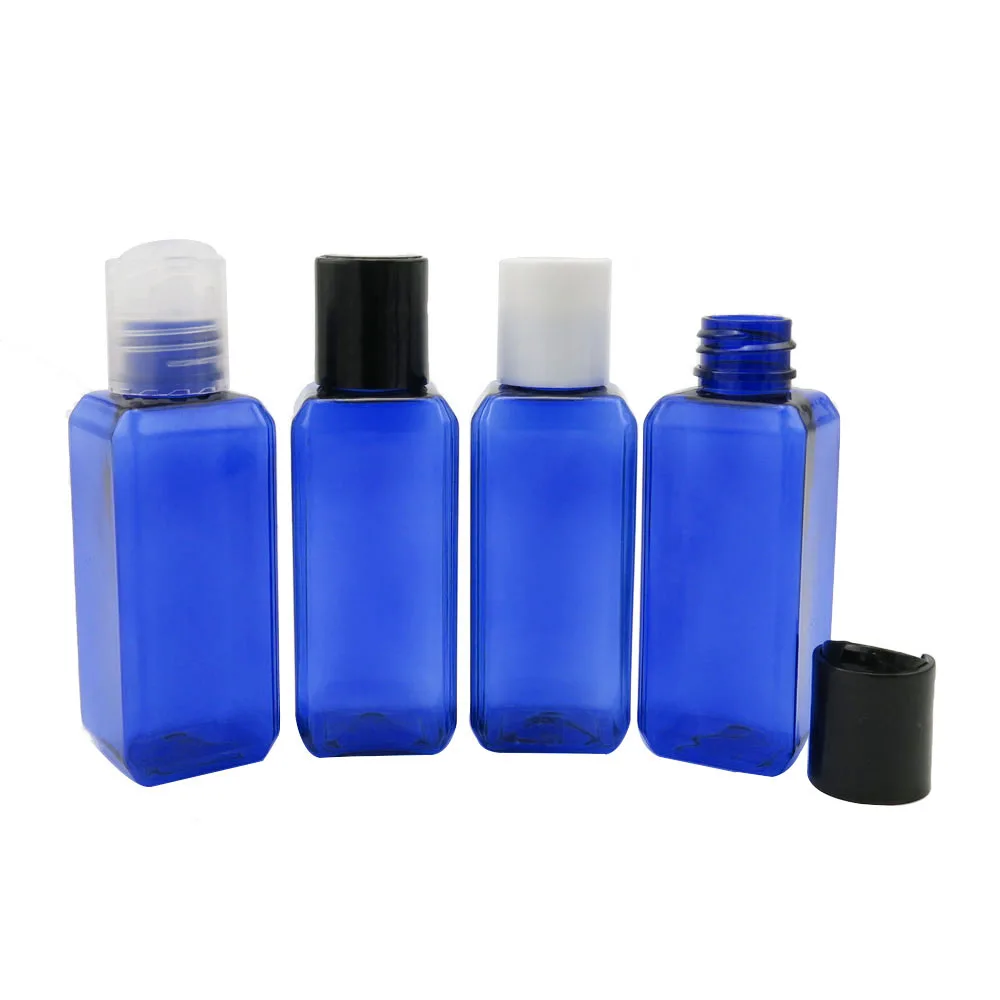 100pcs/lot 50ml Empty Blue Square PET Lotion Cream Shampoo Bottle Travel Portable Plastic Bottle with Clear/White/Black Disc Cap