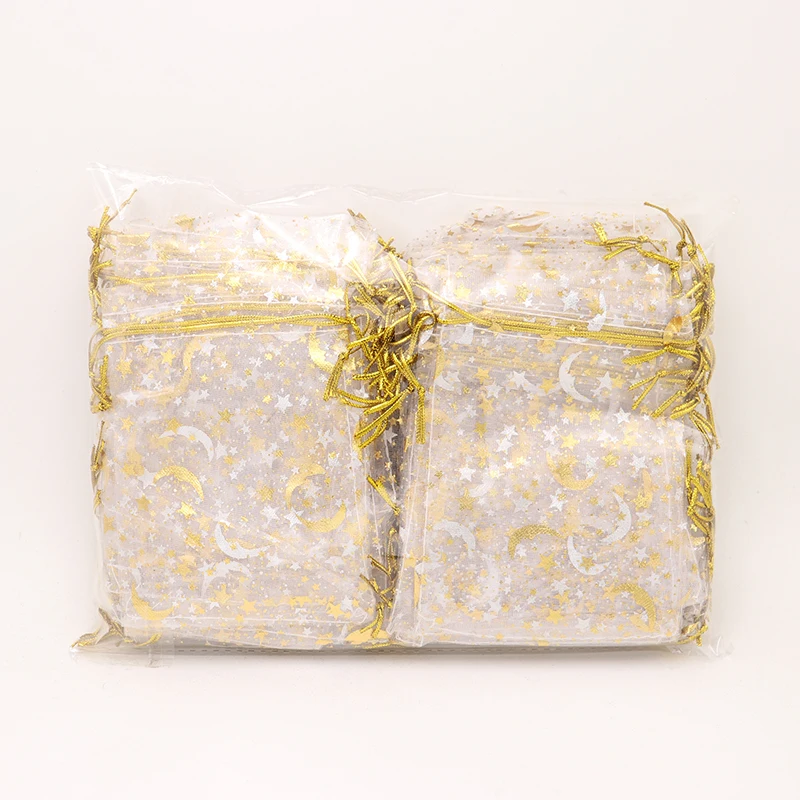 

White Organza Gift Bags Pouch With Star Moon Pattern 9x12 Gold Thread Drawstring Jewelry Packaging New Year Present Earring Sack