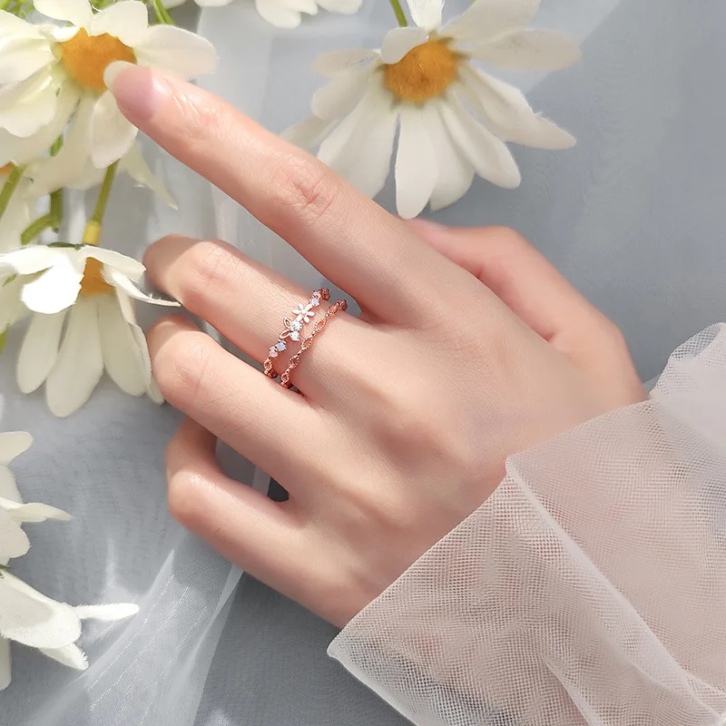 

925 Sterling Silver Rose Gold Ring For Women Flower Crystal Simplicity Double Rings Luxury Fine Girl Gift Jewelry Accessories