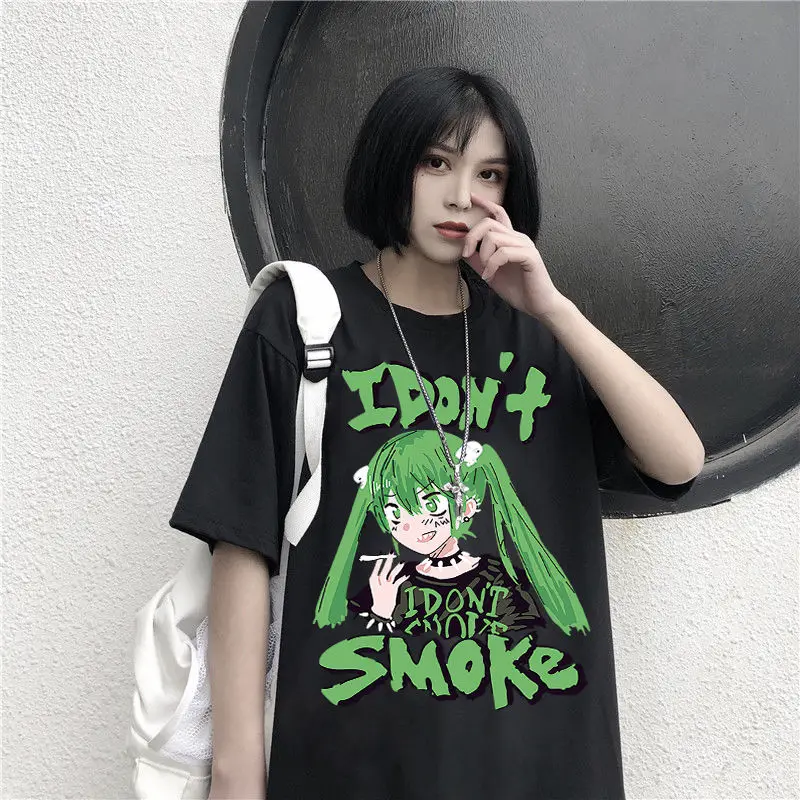Harajuku Anime Printed Loose Women's Top is Dark Smoke Japanese Casual T-shirt Dark Color Factory Outlet Exclusive Summer Women