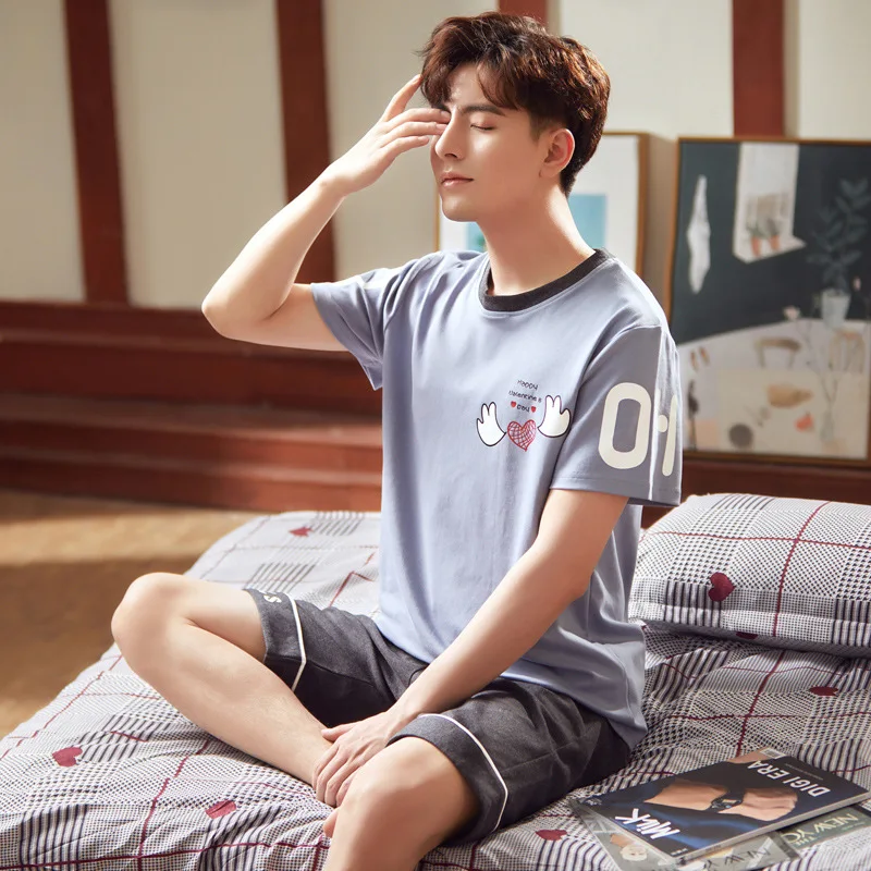 

Pure Cotton Short Sleeve Shorts Men'S Pajamas Suit Korean-Style Casual Large Size Loose-Fit Youth Tracksuit-Outer Wear