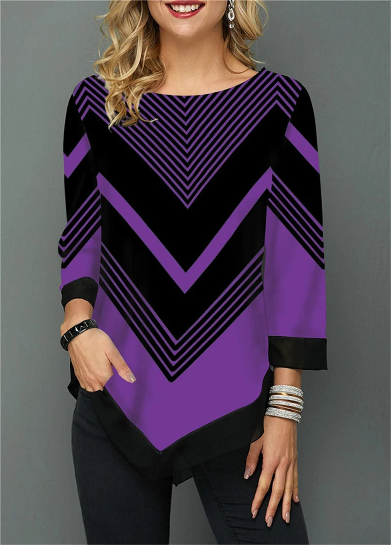 Женские футболки размера плюс полосатая печать неровный подол свинг семь рукав