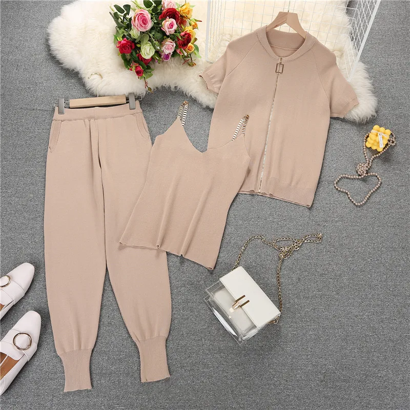 

Amolapha Women Summer Solid Knit Clothing Suits Zipper Short Sleeve Sweaters+Tank Tops+Pants 3PCS Sets