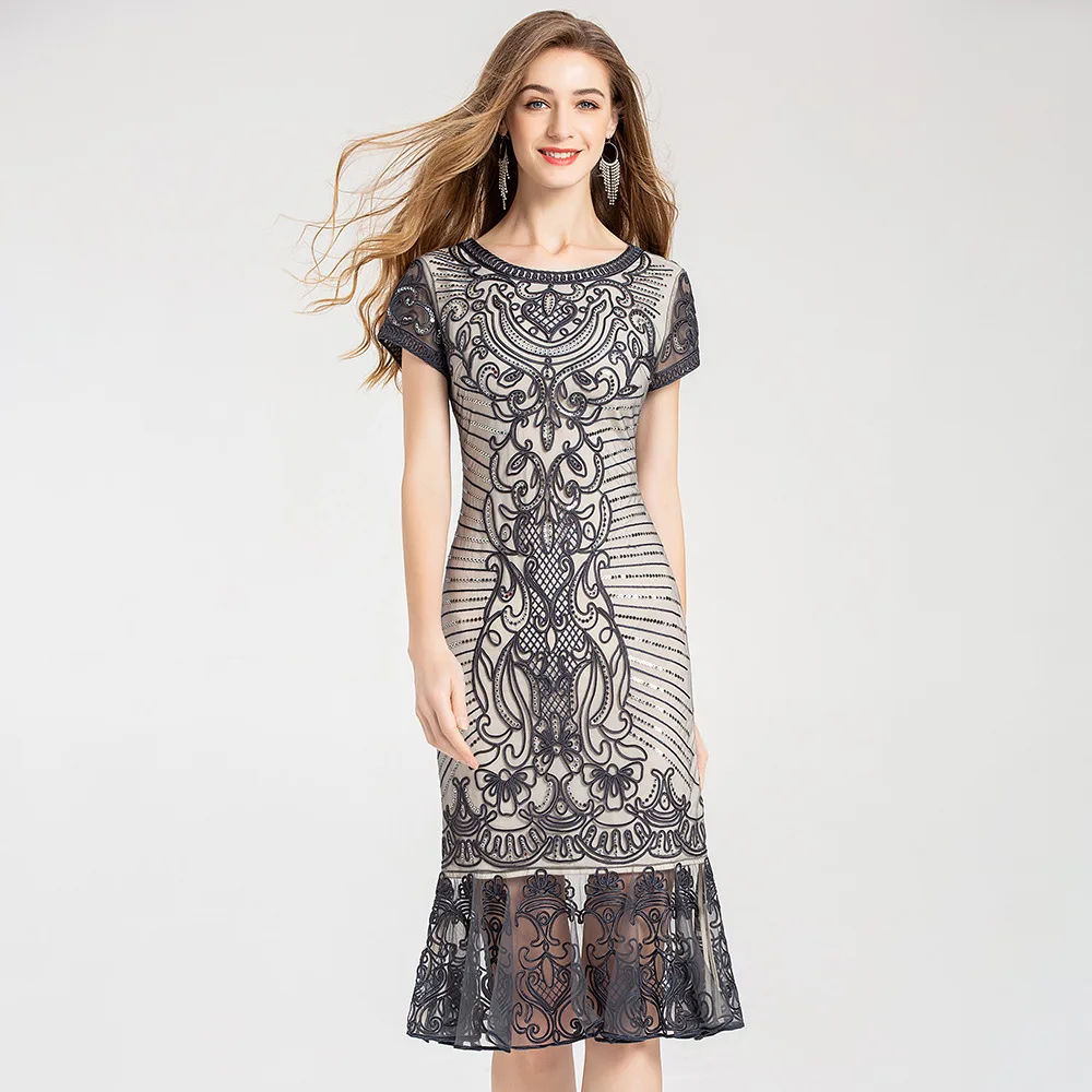 

Plus Size Embroidered Elegant Dress Ladies Temperament O Neck Short-sleeve Women Dresses Summer 2020 High-quality Mermaid Dress