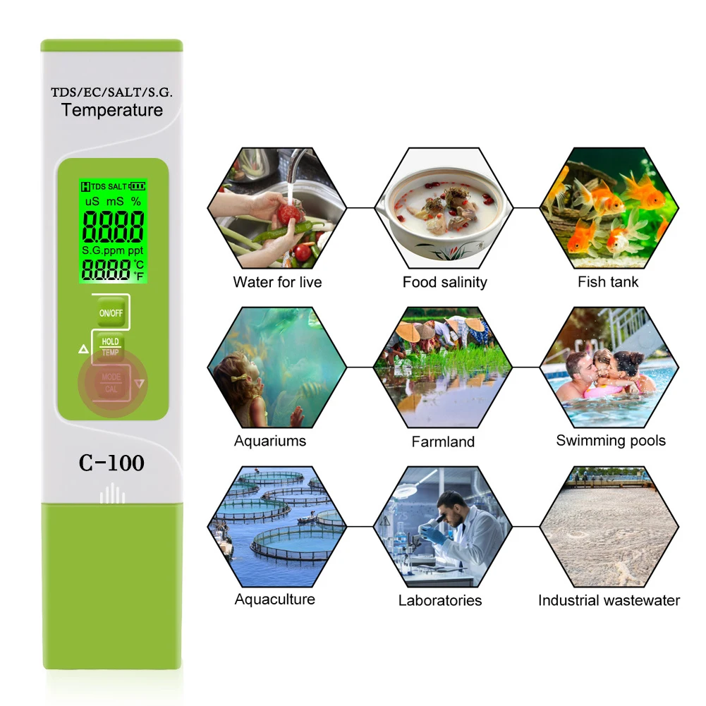 

Water Quality Tester 5 in 1 TDS/EC/Salinity/S.G./Temperature Meter Digital Test Pen for Household Pools, Drinking Water Aquarium