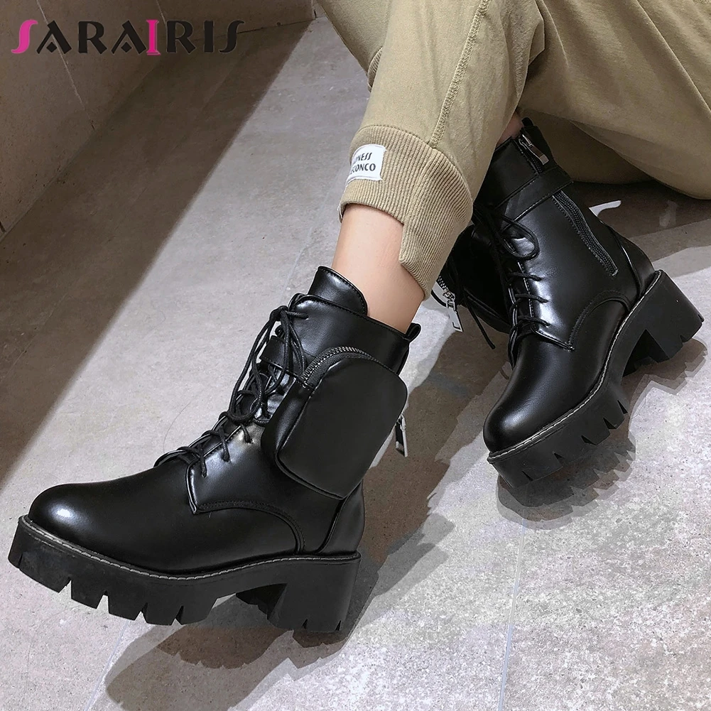 

SARAIRIS Big Size 33-43 Female 2020 Autumn Fashion Boots Ankle Shoes Women Round Toe High Heels Cross Tied Zip Shoes Woman