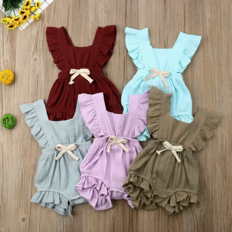 

Emmababy Newborn Toddler Baby Girl Bodysuit Summer Sleeveless Cute Ruffle Backless Bow Jumpsuit Outfit Sunsuit Solid Costume