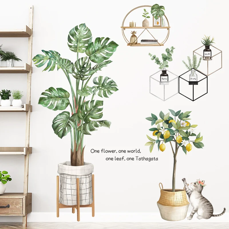 

Green Plants Wall Stickers Monstera Potted Leaves Wall Decal for Living Room Bedroom Background Waterproof Adhesive Wallpaper