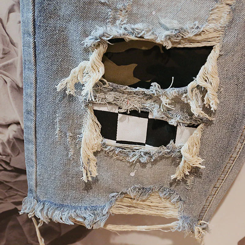

Summer 2021 Men Knee-Length Shorts Street Casual Hole Ripped Washed Denim Shorts Personality Zipper Straight Short Jeans 28-36