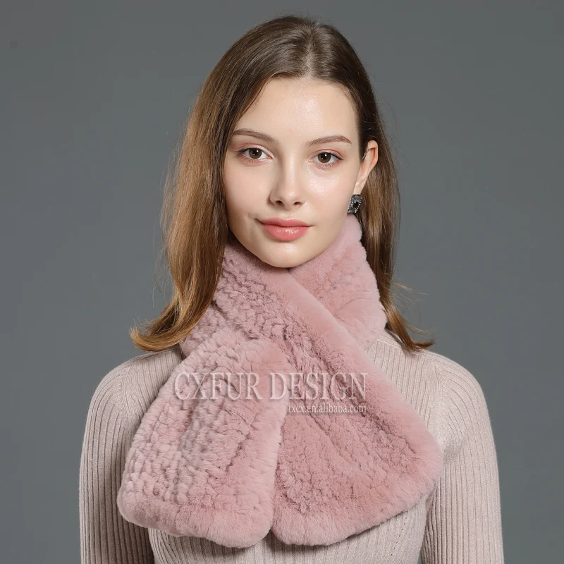 CX-S-33A Women Real Fur Handmade Scarf Knit Genuine Rex Rabbit Girls Natural Scarves Winter | Wraps