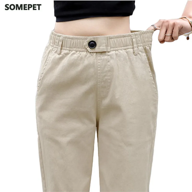 

Beige High waist Casual Pants Women loose Spring Autumn New Women's Korean slim Harem pants Plus Size Nine pants 3XL
