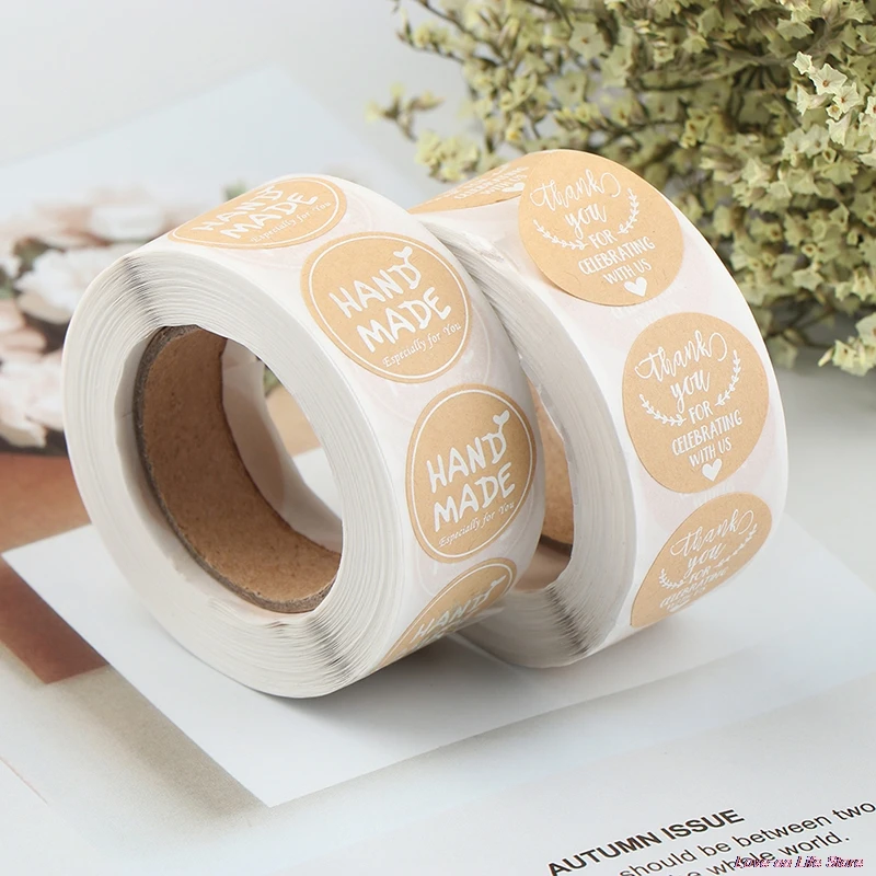 

500Pcs Natuurlijke Kraft Ronde Handgemaakte Stickers Scrapbooking Voor Pakket Lijm Dank U Sticker Seal Labels Briefpapier