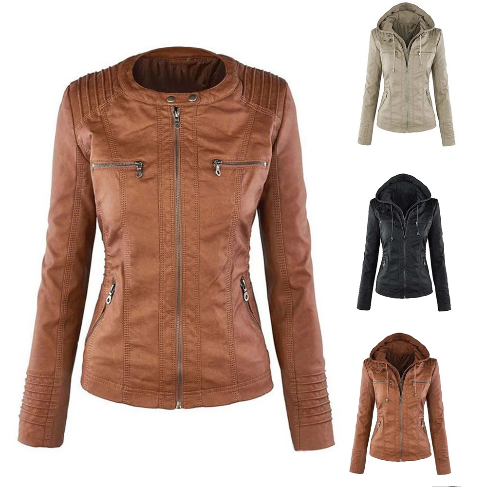 

Leather Women Coat Jacket Motorcycle Wear Solid Color Sexy Fashion Hooded Tops Pu Outwear Coat With Pocket Female Jacket