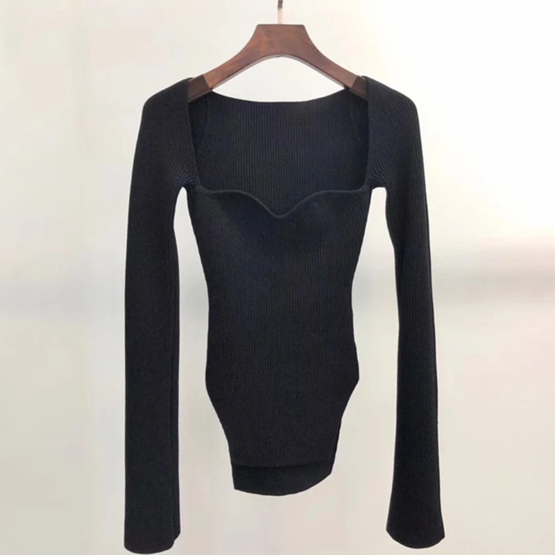 

CHICEVER Knitting Sweaters For Women Square Collar Long Sleeve Asymmetrical Hem Casual Slim Pullovers Female 2021 Autumn Clothes
