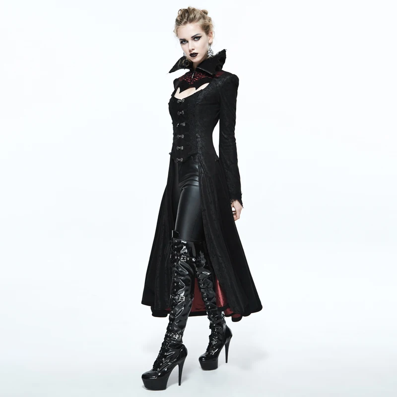 

Gothic Trench Coat Palace Noble Black Red Embossed Coat Women Long Coat Autumn Winter Punk High Collar Sexy Overcoats