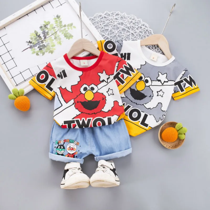

Toddler girl casual clothes children's short sleeve crew neck boy + shorts jeans two-piece outfit suit children's clothing