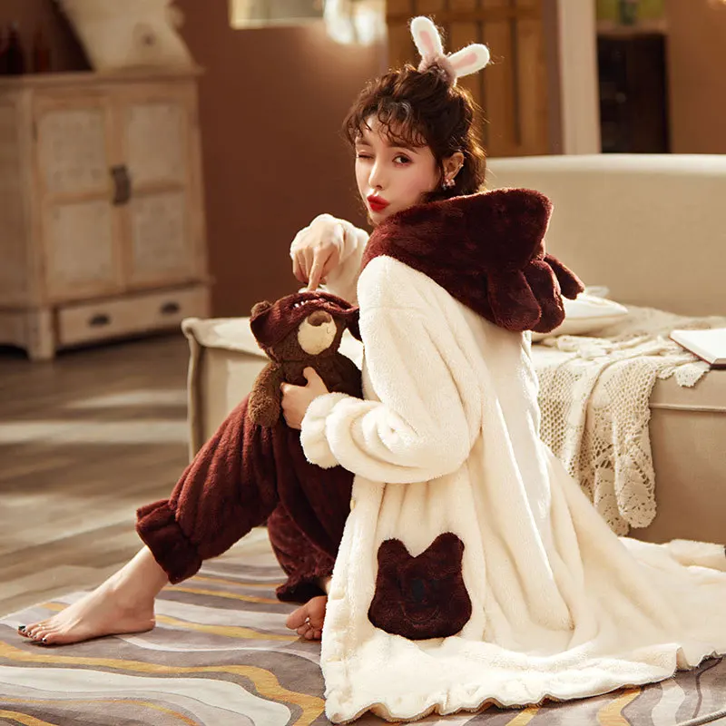 

Autumn and winter warm flannel women's pajamas set thick hooded coral fleece long-sleeved cartoon pajamas thin flannel pajamas