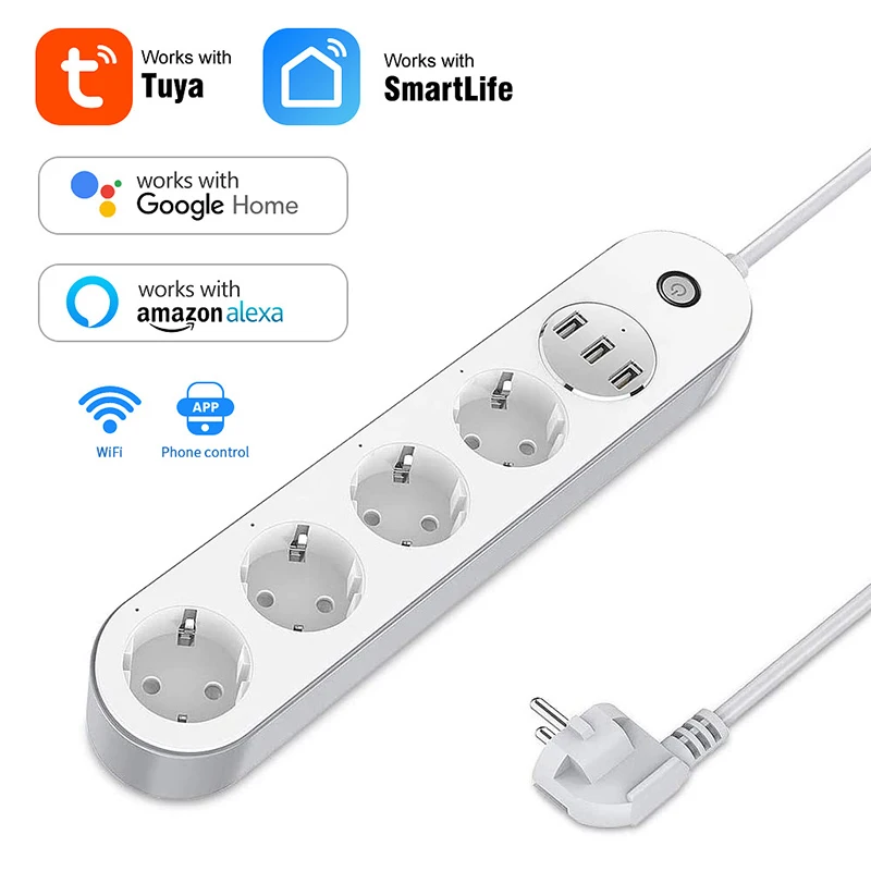 

Wifi Tuya Smart Power Strip 4 EU Outlets 10A Plug Socket 3 USB Charging Timing App Voice Control Works With Alexa, Google Home