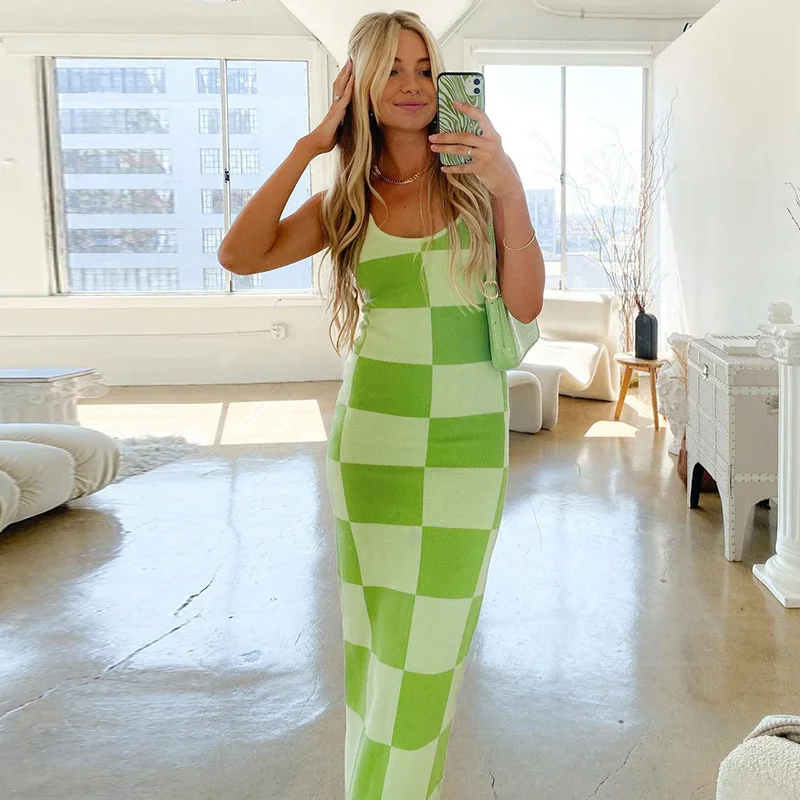 

Zoctuo Plaid Checkered Women Strap Midi Dress Knitted Bodycon Sexy Streetwear Party Club 2021 Autumn Winter Clothes Y2K Slim