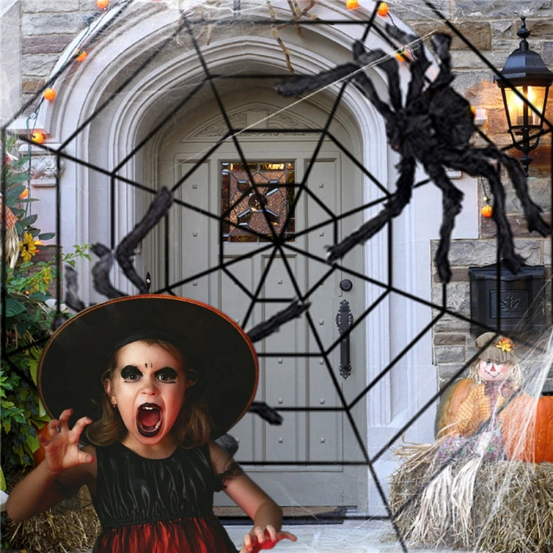 

7 кругов, 3,3 м, искусственный паук, паутина, украшение для Хэллоуина, реквизит для страшвечерние, 50 см, черный паук, ужасный дом, украшение для ...