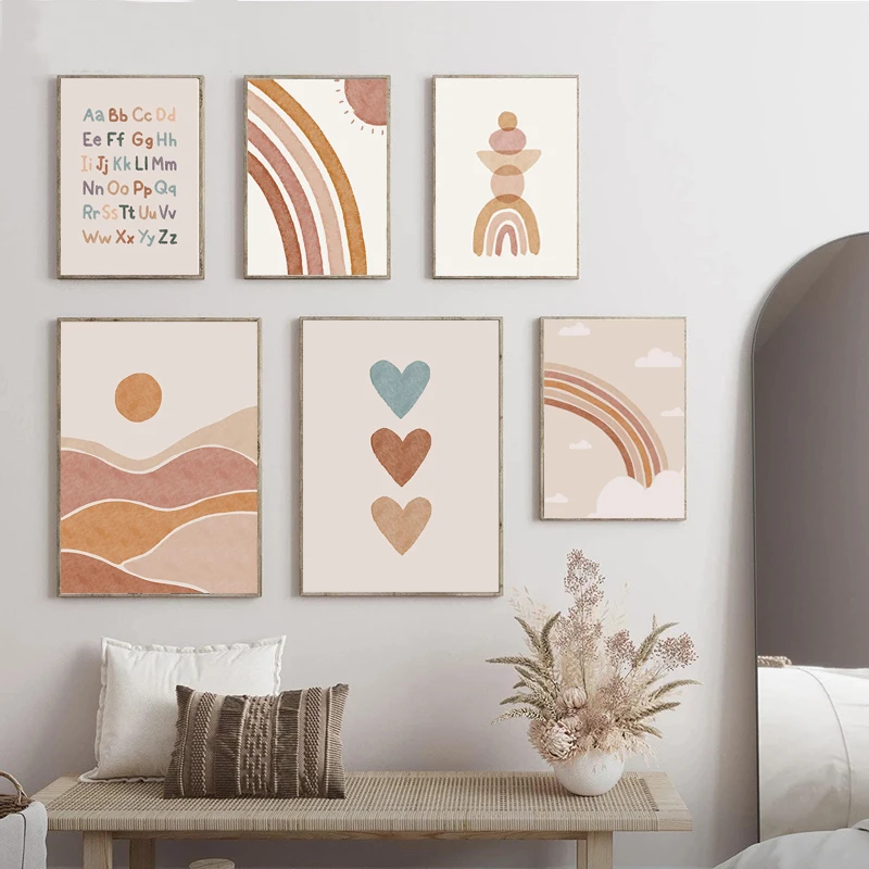 Богемный Печатный постер абстрактная Альпака солнце Радуга Сердце буквы холст
