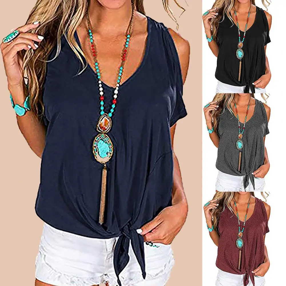 

Summer Women V-neck Tops Loose Solid Color Off Shoulder T-Shirts Short-Sleeved T-shirt Summer