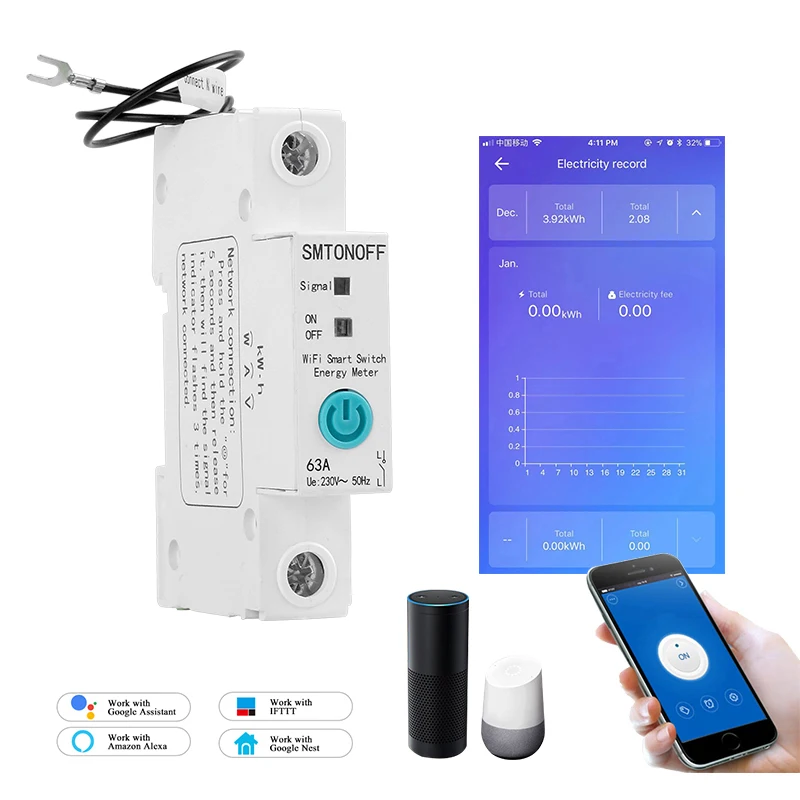 

1p 18mm WIFI Smart Circuit breaker energy meter remote control caculate powersumption with Alexa and google home for smart home