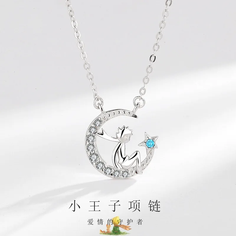 

S925 Sterling Silver Diamond Star Moon Pendant Necklace Female Ins Unusual Creative Anime Little Prince Net Red Clavicle Chain