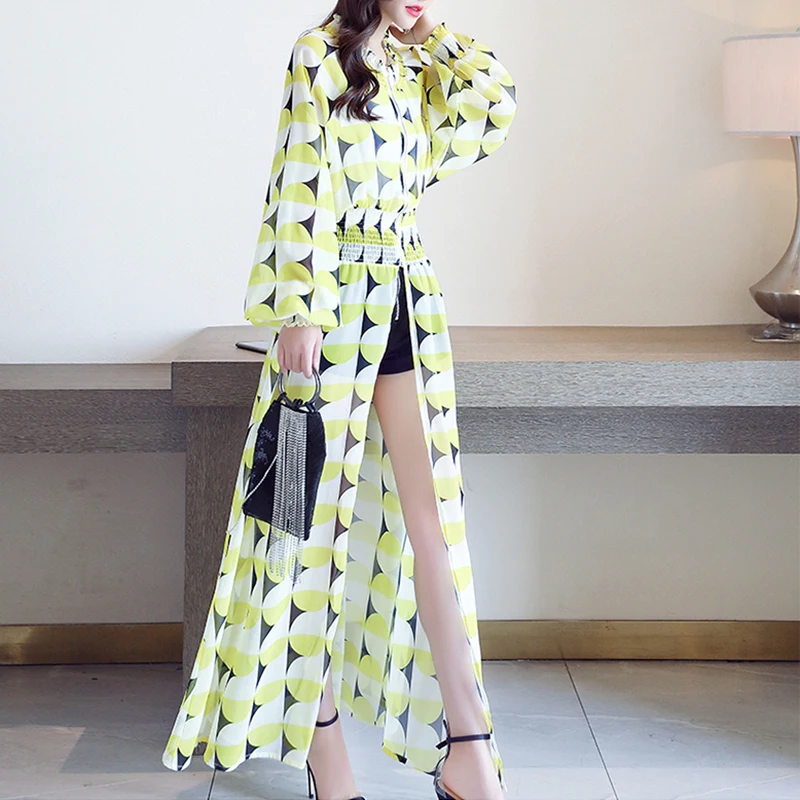 

CHICEVER Print Hit Color Women's Trench Mandarin Collar Lantern Sleeve Tunic High Waist Summer Windbreaker Female Clothes 2020