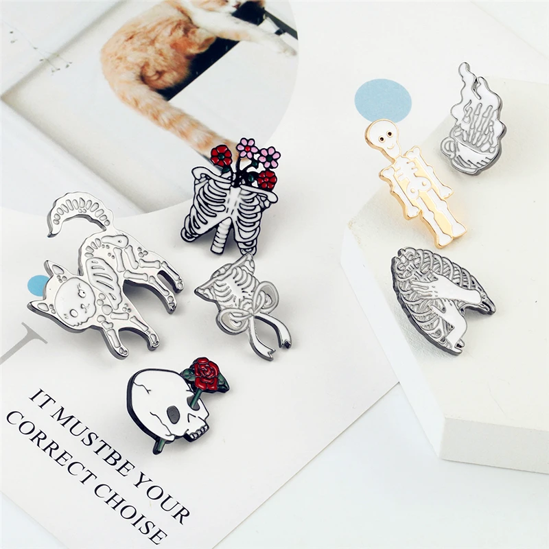 Skull Skeletons Collection Brooches Badge Cat Ribs Rose Skeleton Enamel Pin Punk Gothic Jewelry Denim Shirt Bag Lapel Pins Gifts | Украшения