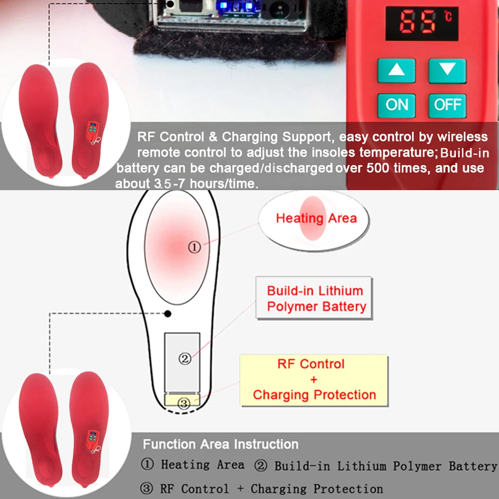 Unisex Electric Heated Insoles For  Winter Outdoor Sports  Warm Wireless Remote Control Heated Insoles Size EUR 35-46#Cut to Fit