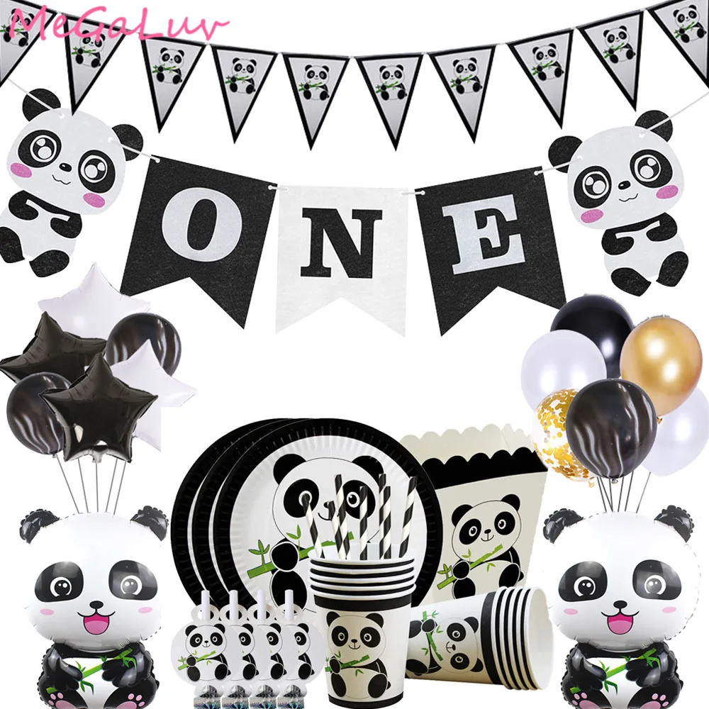

Cartoon Panda Foil Balloons Kids Birthday Party Decoration Paper Plates Cups Box Bags Animal Inflatable Globos Baby Shower Decor
