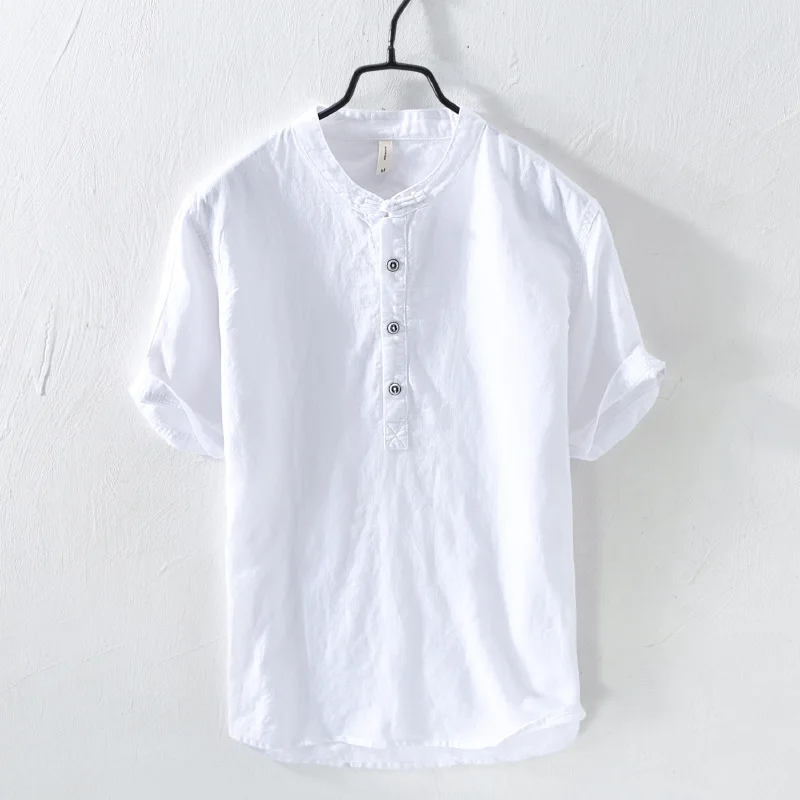 Новинка 2020 рубашка из хлопка и льна Мужская простая Модная с воротником стойкой