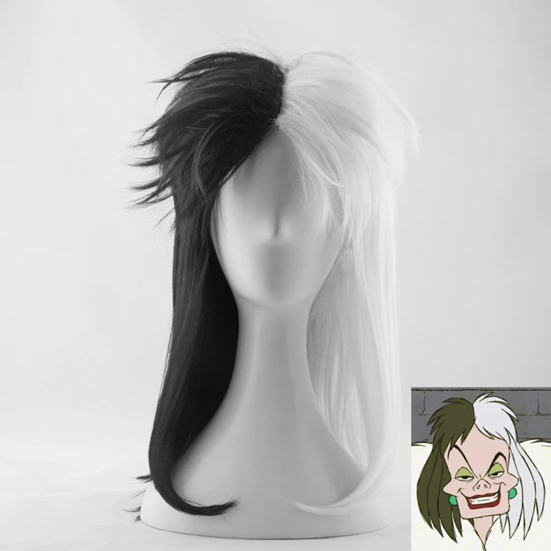 black White Круэлла де вил костюм парик черный белый Ms. Spot синтетические волосы Deville Dalmations косплей парик+ парик шапка - Цвет: black White