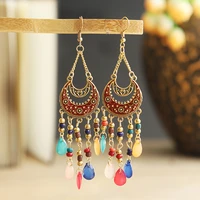 womens crescent moon alloy long chain tassel dangle earrings bohemia crystal beads drop earrings jhumka tibetan jewelry