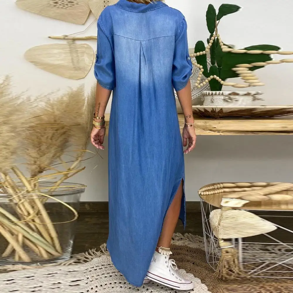 

Women Split Dress Limitation Cowboy Short Sleeve Fashion V-Neck Ankle Length Dress