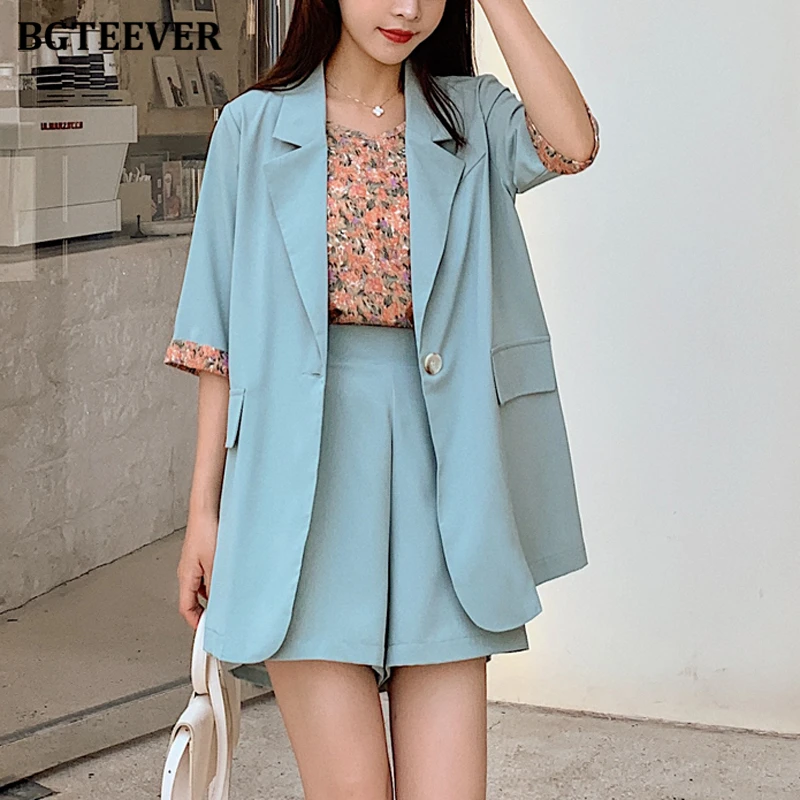 

BGTEEVER 3 pieces Female Shorts Set Short Sleeve Blazer & Loose Shorts & Shirts Summer Short Pant Suits for Women tracksuit
