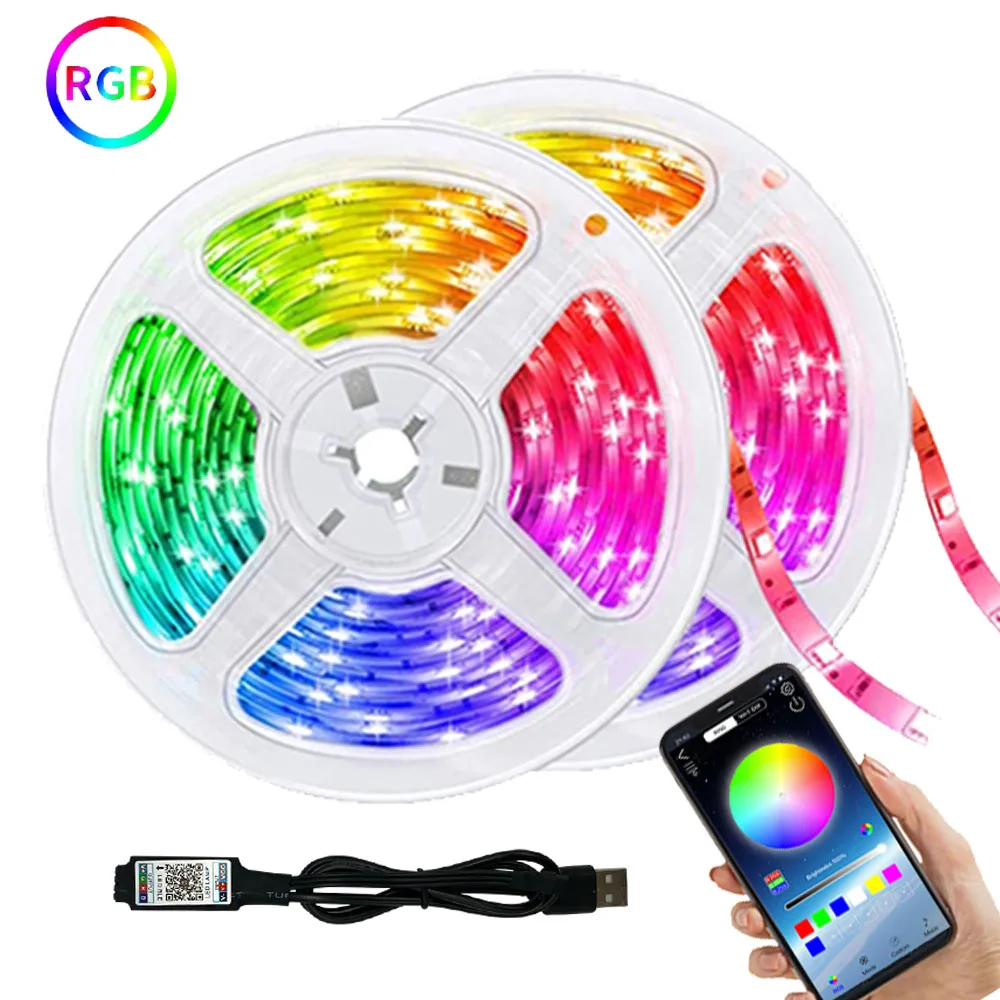 

Светодиодные ленты RGB 5050 с Управлением по Bluetooth, USB, 5 В, белые гибкие светодиодные ленты с диодами, праздничные светильники для спальни, освещ...