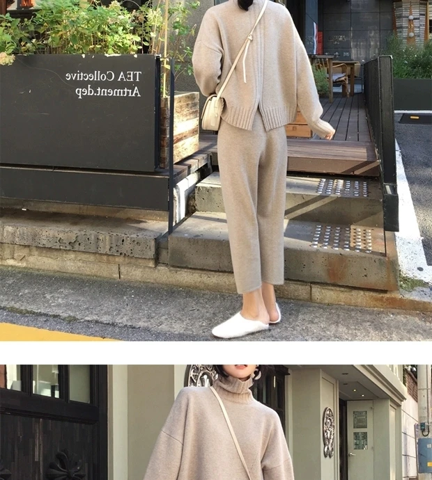 New arrival Autumn winter Knitted Tracksuit Turtleneck Sweatshirts for Women Suit Clothing 2 Pcs Set Knit top Pants suit Female