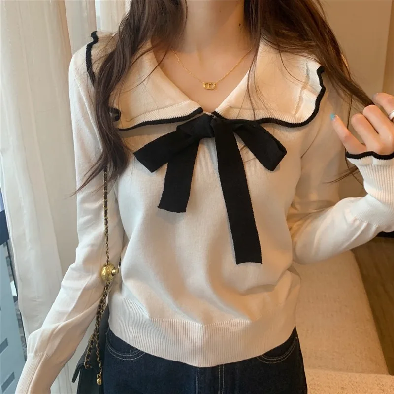 

Women Sweater 2021 Autumn New Korean Fashion Elegant Sweet Doll Collar Bow Decorated Long-sleeved Sweaters Knit Pullover Top