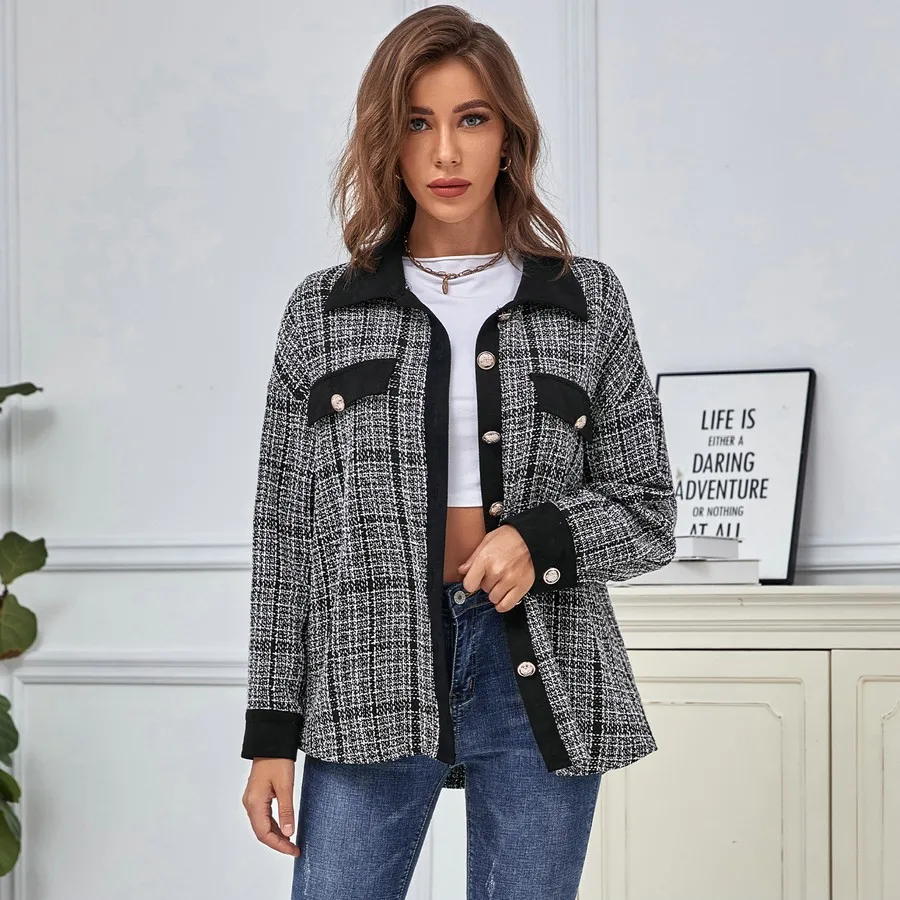 

Женская однобортная куртка в клетку, черная Свободная куртка в стиле ретро, с отложным воротником, осень 2021
