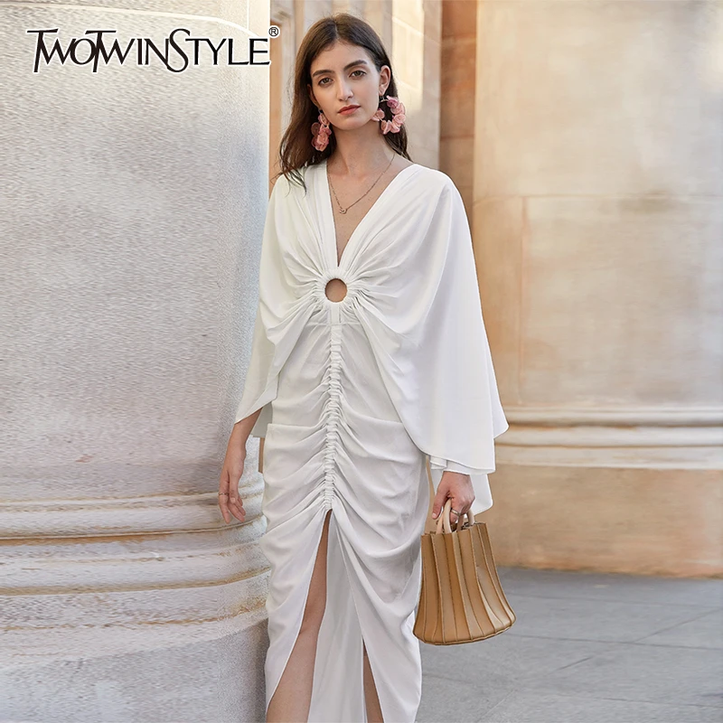 

TWOTWINSTYLE Asymmetrical Summer Dress Women V Neck Butterfly Sleeve High Waist Ruched Irregular Hem Hollow Out Dresses Female