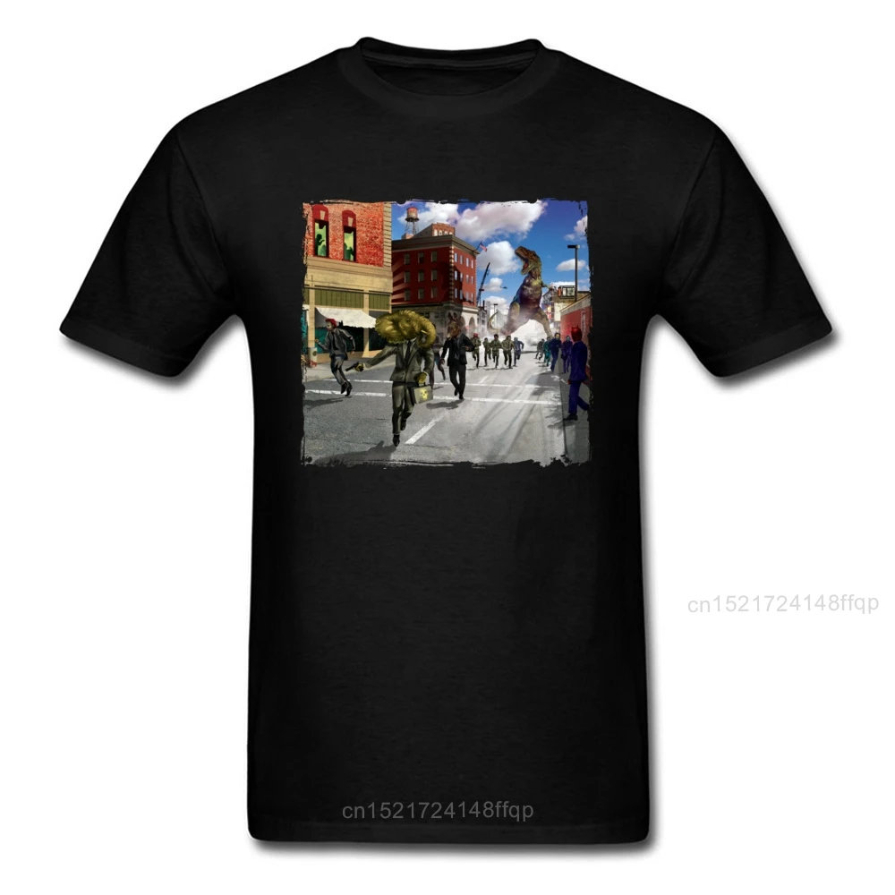 Мужская черная футболка с принтом динозавра и человека масляной росписью хаос