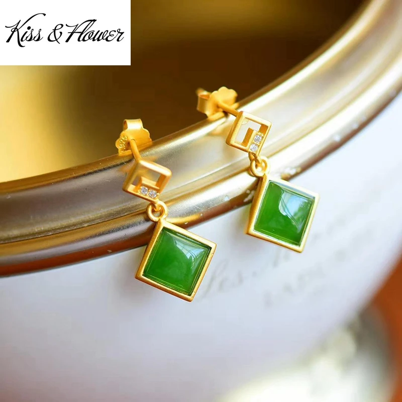 

KISS&FLOWER ER399 Fine Jewelry Wholesale Fashion Woman Bride Mother Birthday Wedding Gift Square Jade 24KT Gold Stud Earrings