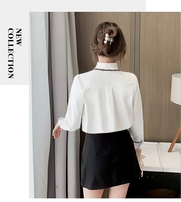 

Houthion Silk Women's Blouses Long Sleeve Top Fashion Solid Chiffon Shirt New Korean Loose Casual Blouse Full Office Lady