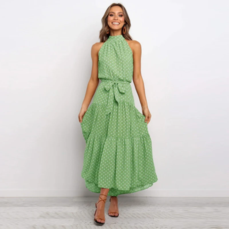 

Summer Belt Long Dress Polka Dot Casual Dresses Black Sexy Halter Strapless New Red Printing Sundress Vacation Clothes For Women